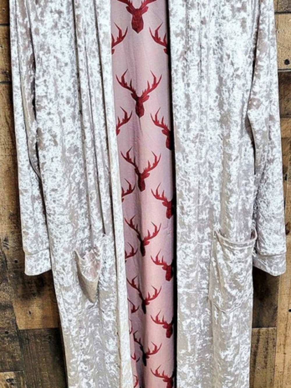 Panache Apparel Velvet Long Cardigan in Cream & Taupe Size Small Like New